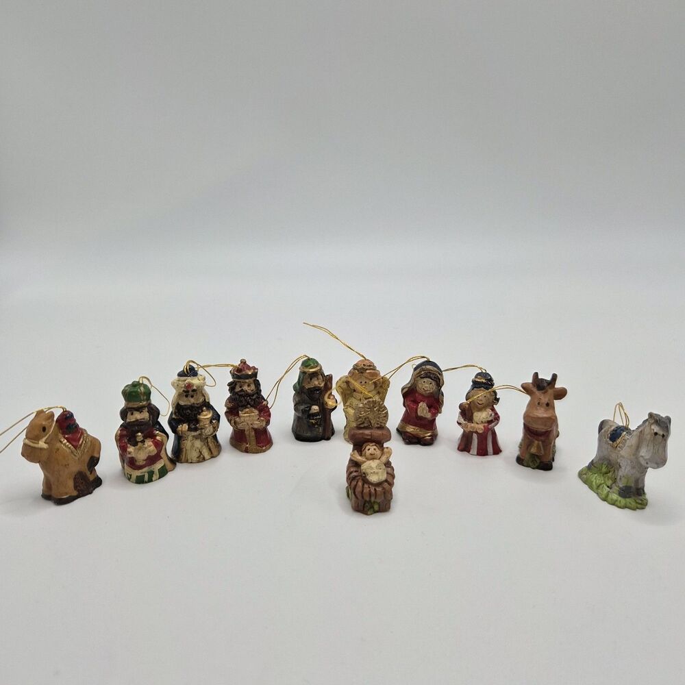 Rustic 11 Piece Mini Christmas Tree Nativity Scene Ornament Set Hang or Display